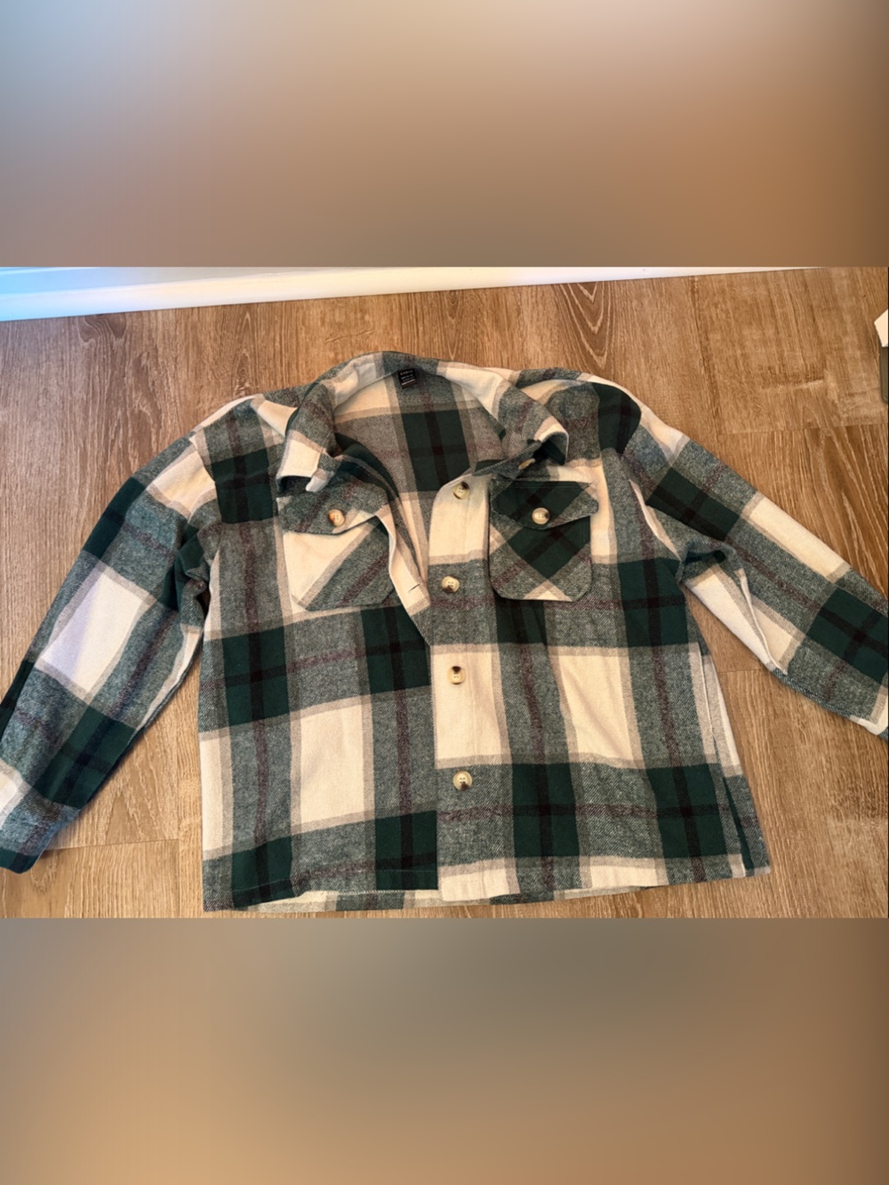SHEIN Green White Plaid Button-Up Shacket